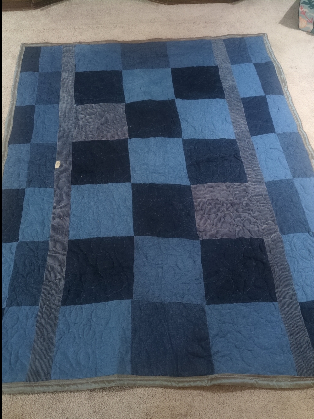 L.L. Bean Blue Patchwork Quilt with Mixed Indigo Strips. 72" X 56"